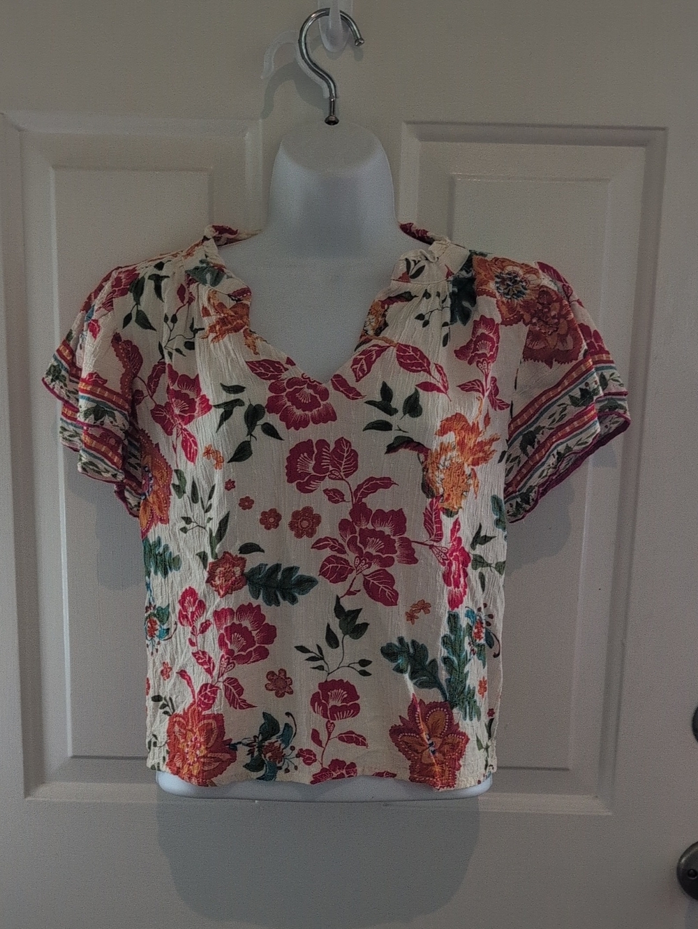 Floral V-Neck Short Sleeve Blouse - Cream with Pink & Orange Floral